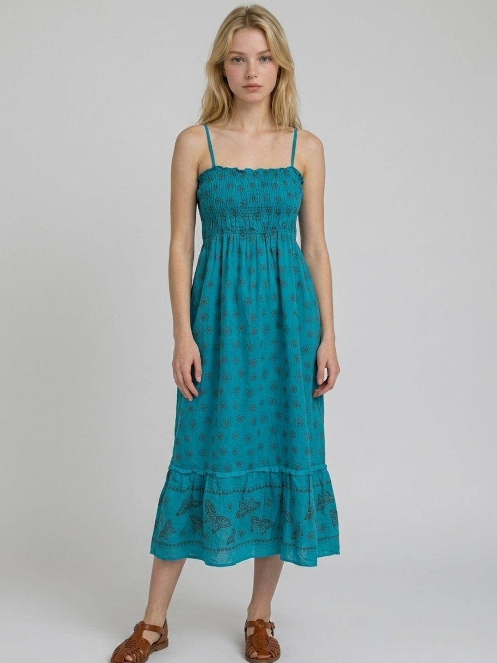 Cherokee Teal Smocked Midi Dress with Printed Border